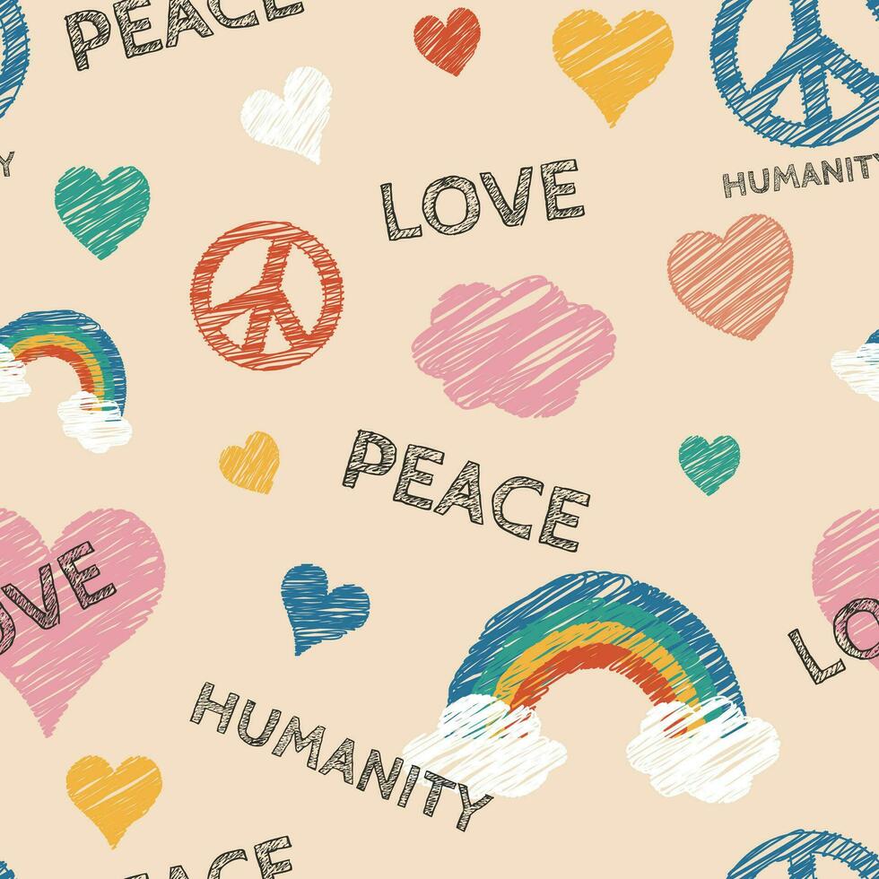 Groovy hippie 1970s background. Rainbow, peace, Love, heart and clouds symbols with peace, humanity and love lettering text . Seamless pattern in trendy trippy retro style. Hippie 60s, 70s style. vector