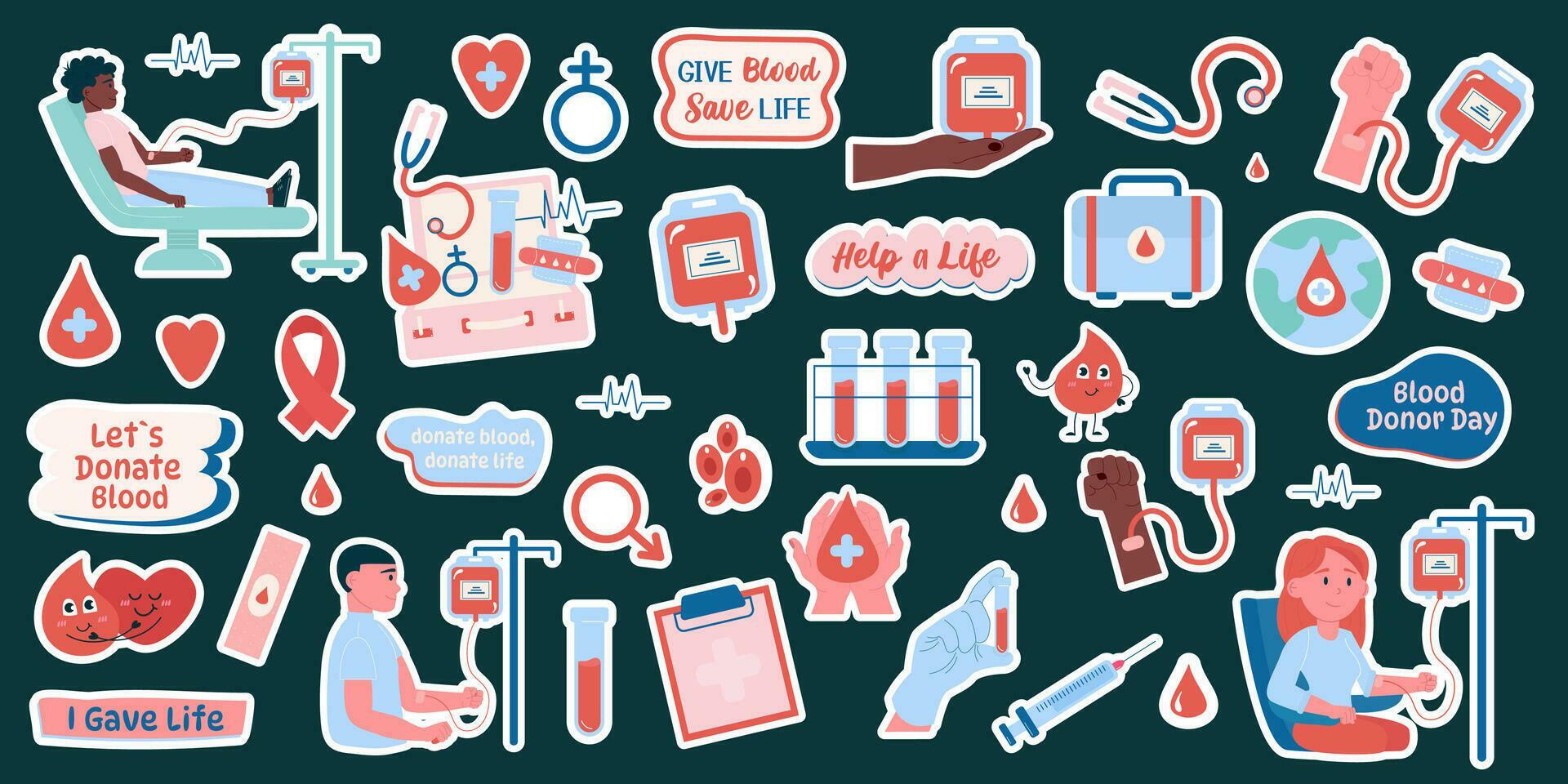 Blood donor stickers collection of flat style elements, lettering