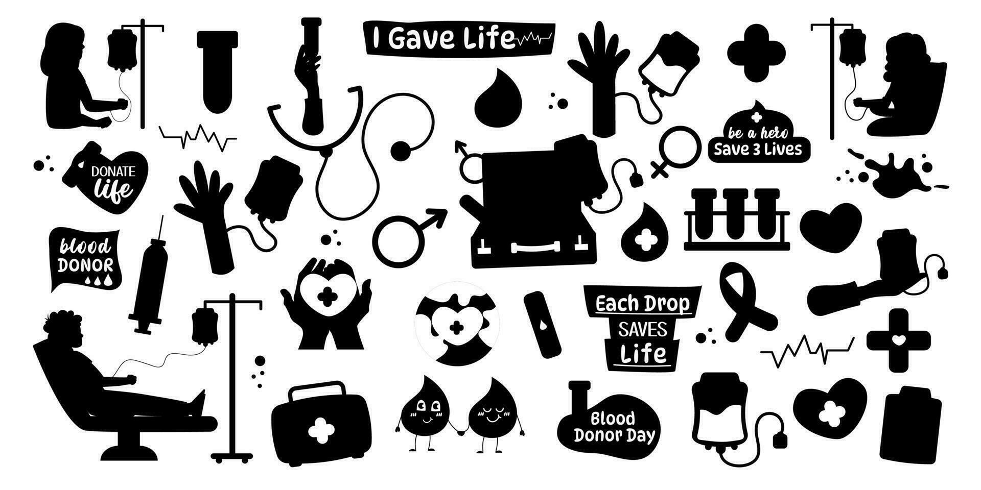 Blood Donor silhouette collection of hand drawn style and lettering elements, characters vector