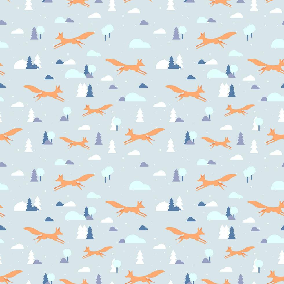 Winter seamless pattern with running fox. Silhouette Orange fox and threes. Vector illustration. Simple Background For kids fabric, wrapping, textile, wallpaper, apparel