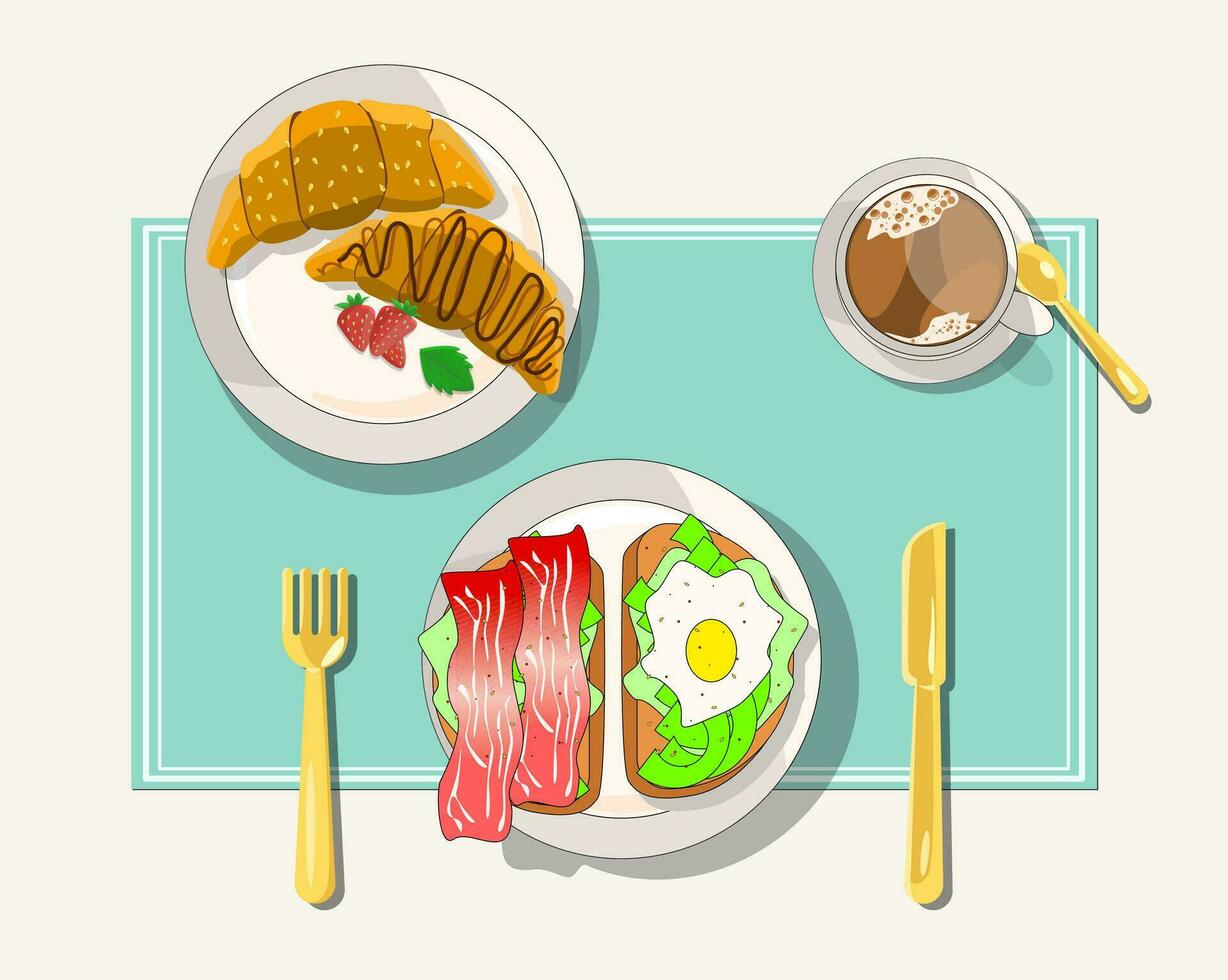 desayuno saludable, tocino emparedados frito huevo con aguacate. croissants para postre y un taza de café. vector ilustración parte superior vista. adecuado para el diseño de el menú de un café tienda o comida habitación