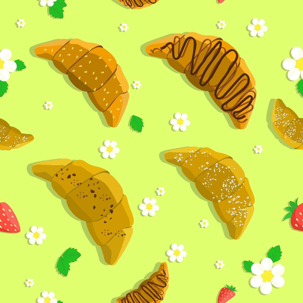 Croissants and Cute White Strawberry Flowers with leaves. Seamless vector drawing for textiles, printing, wallpaper and napkins. Spring romantic pattern