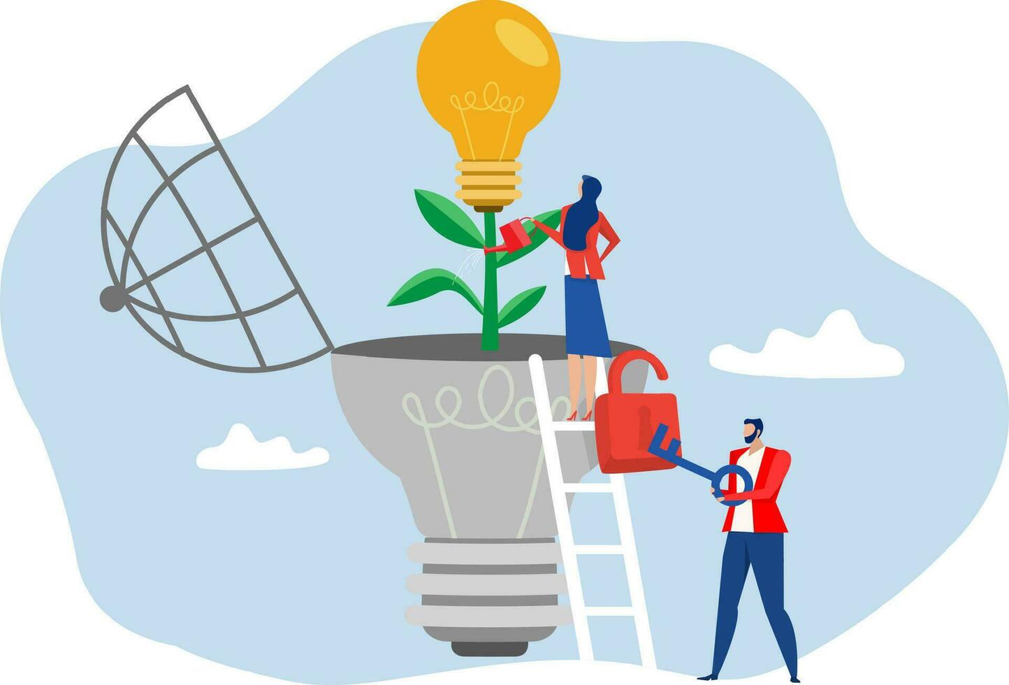 growth mindset concept. Girl with watering can waters lightbulb,with man unlock key new creative or idea, education. self development, motivational   Cartoon flat vector illustration