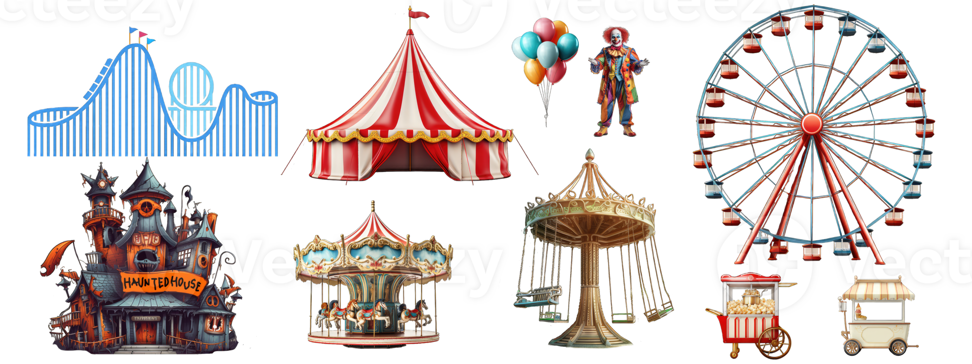 Amusement park design elements. Digital illustration. Carousel, haunted house, balloons, clown, roller coaster, popcorn, ice cream, circus tent, ferriss wheel, transparent background, AI Generated png