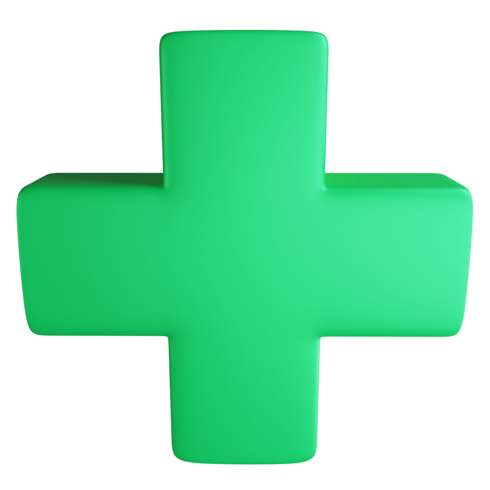 Green plus symbol clipart flat design icon isolated on transparent background, 3D render medication and health concept png