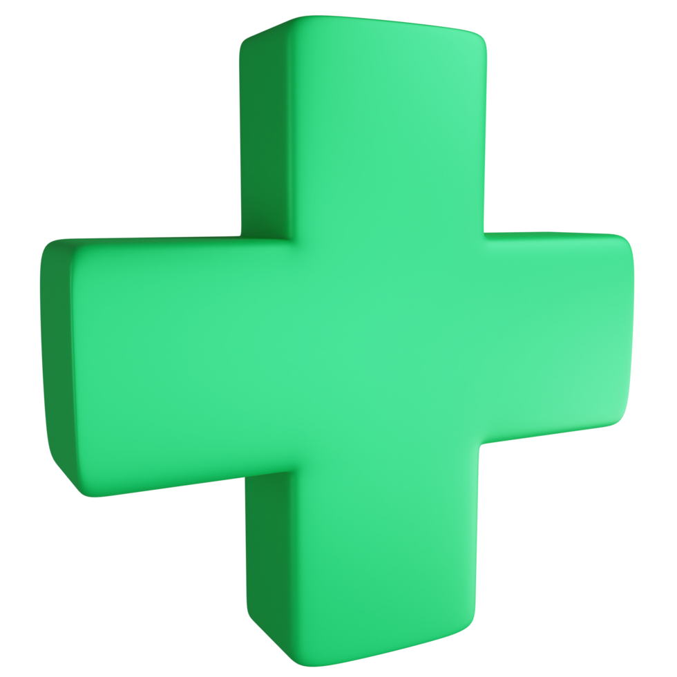 Green plus symbol clipart flat design icon isolated on transparent background, 3D render medication and health concept png