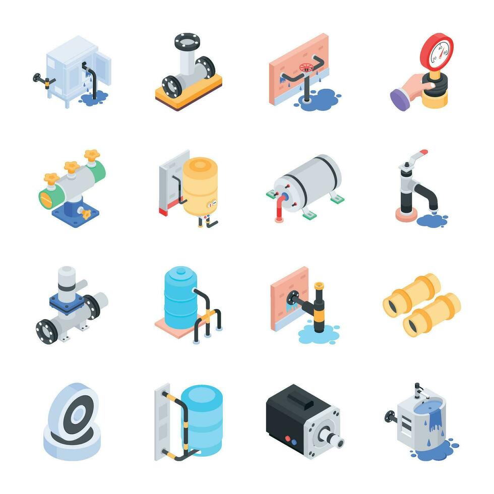 Set of Isometric Icons Depicting Plumbing Issues vector