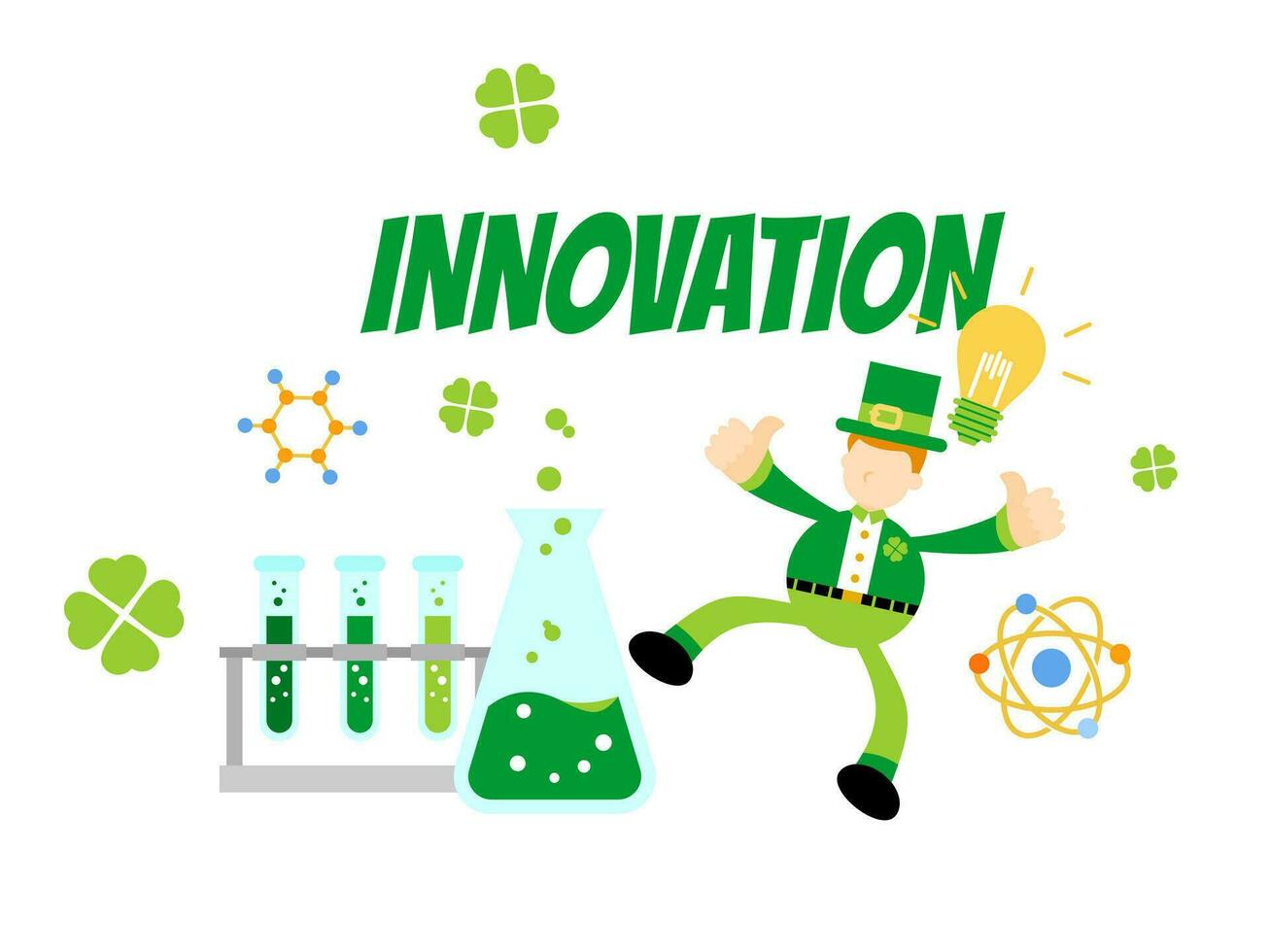 leprechaun shamrock celtic and experiment laboratory research innovation science cartoon doodle flat design style vector illustration