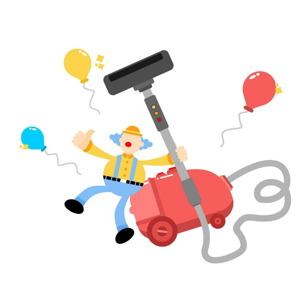 clown carnival and vacuum cleaner clean cartoon doodle flat design style vector illustration