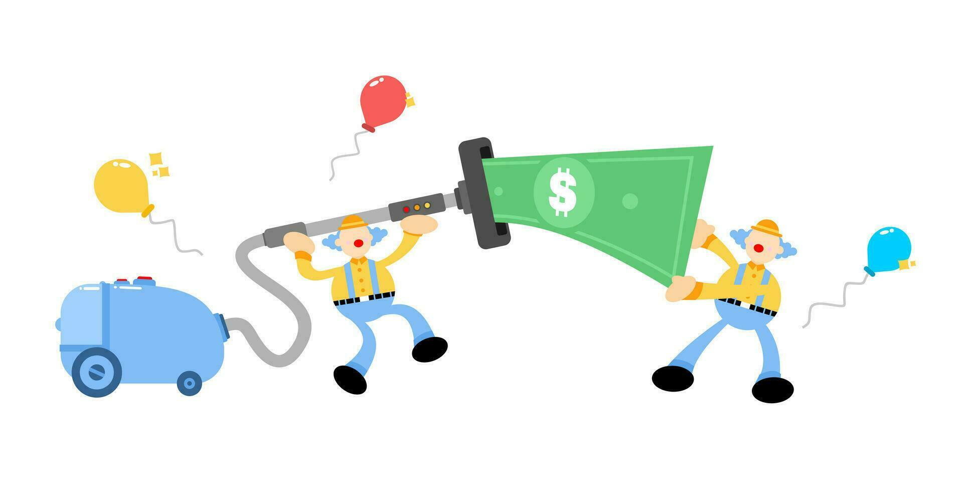 clown carnival and vacuum cleaner clean catch money cartoon doodle flat design style vector illustration