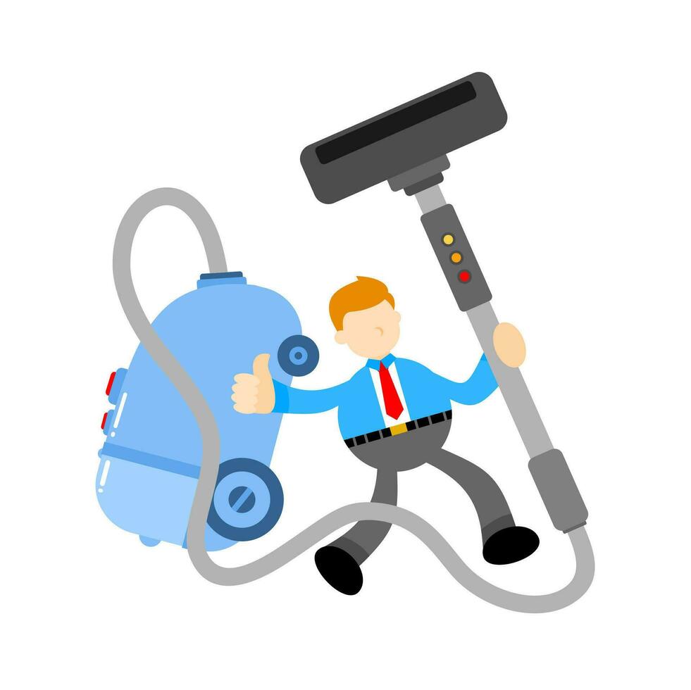 businessman worker and vacuum cleaner machine cartoon doodle flat design style vector illustration