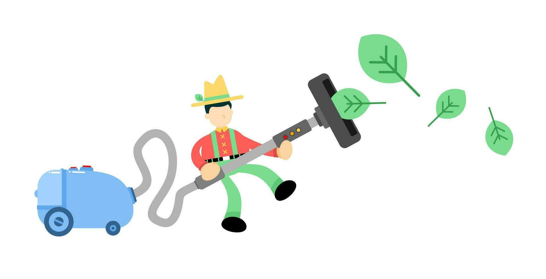 granjero hombre agricultura y vacío limpiador limpiar captura verde hoja dibujos animados garabatear plano diseño estilo vector ilustración