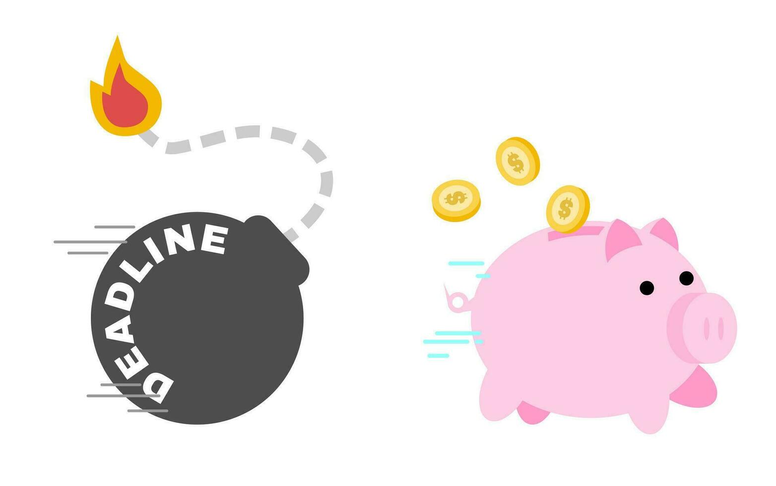 pink pig bank dollar coin economy run from time bomb deadline cartoon doodle flat design style vector illustration