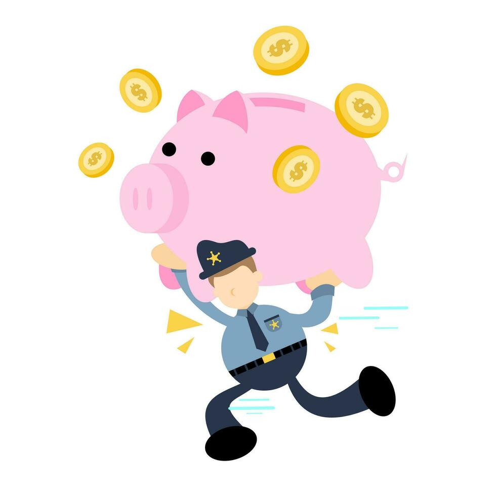 policía oficial hombre recoger cerdo banco dinero dólar economía dibujos animados garabatear plano diseño estilo vector ilustración