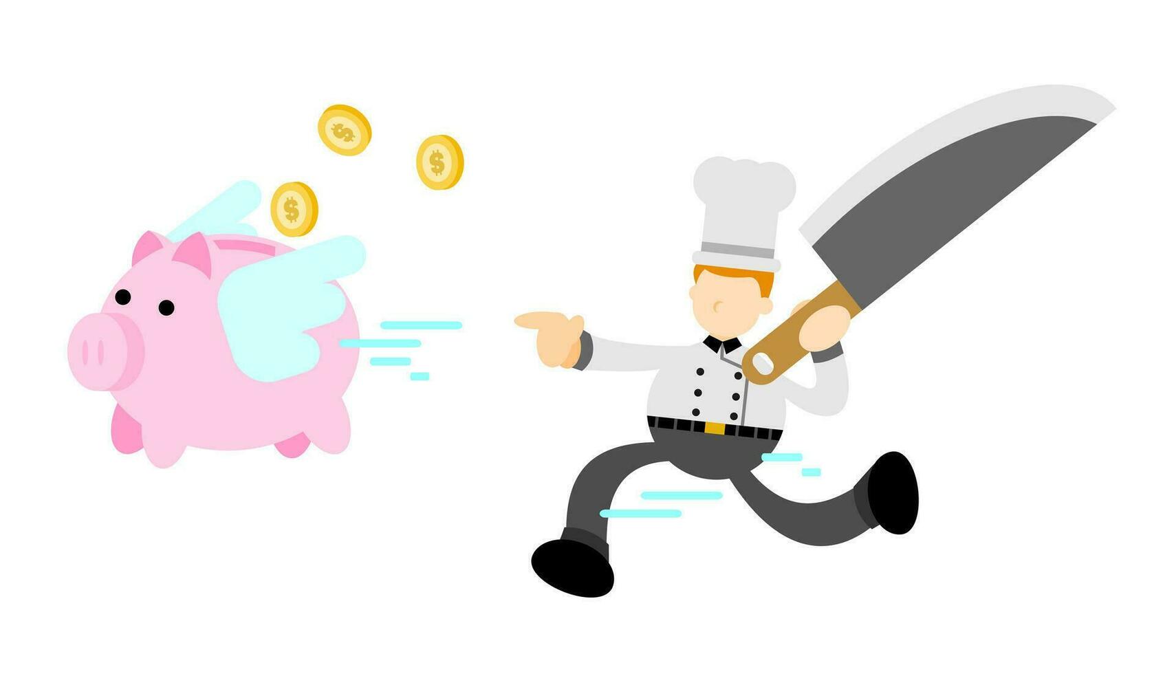 Chef man worker catch pig bank money economy cartoon doodle flat design style vector illustration