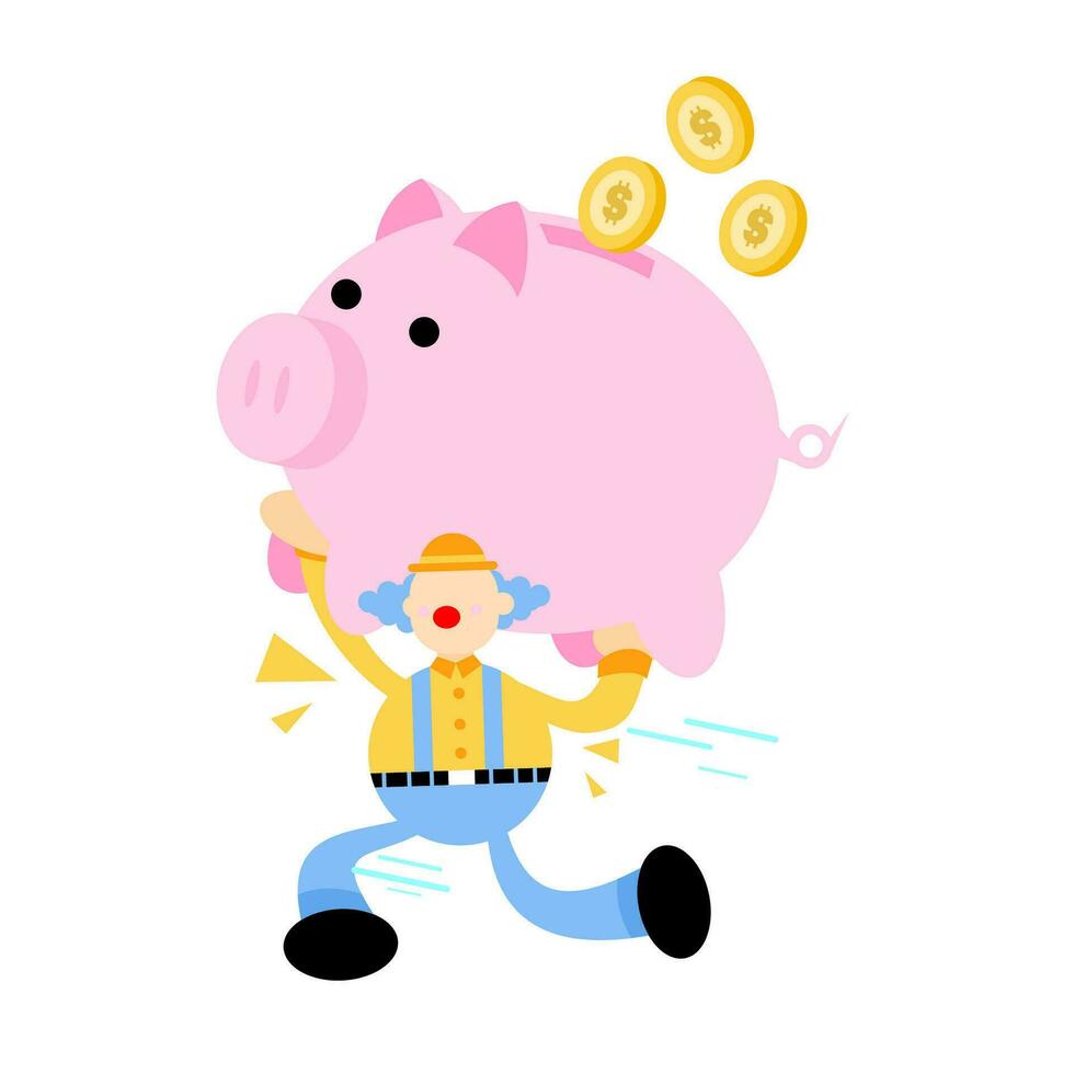happy clown and pig bank money dollar economy finance cartoon doodle vector illustration flat design style