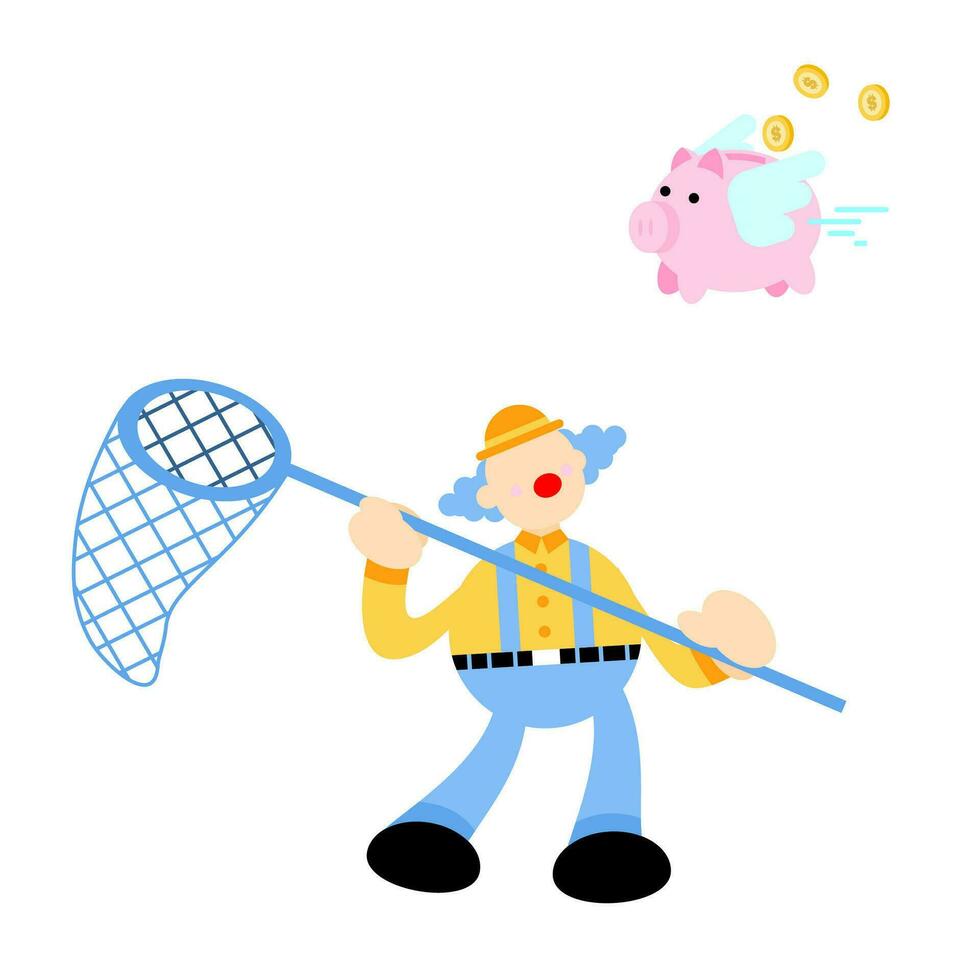 contento vistoso payaso captura cerdo banco dinero dólar economía dibujos animados garabatear vector ilustración plano diseño estilo