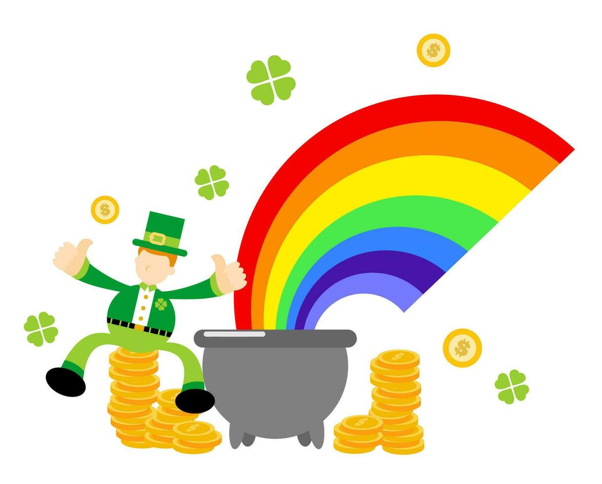 leprechaun shamrock celtic and cauldron with money and rainbow cartoon doodle flat design style vector illustration