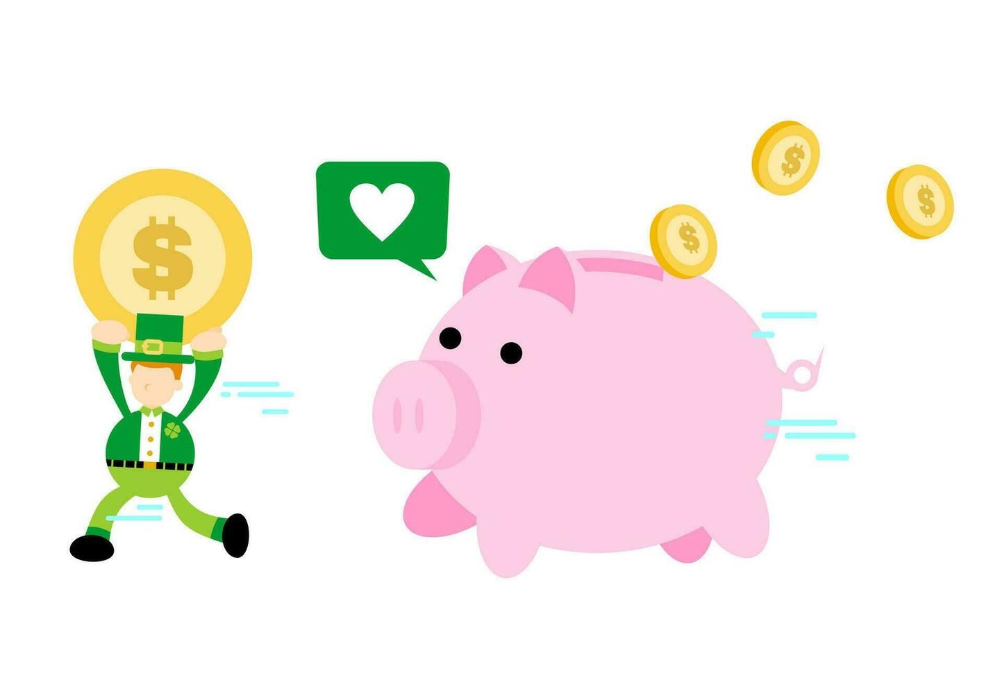 happy Leprechaun and pig bank money dollar economy finance cartoon doodle flat design style vector illustration