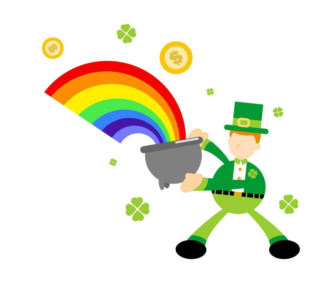 leprechaun shamrock celtic and cauldron with money and rainbow cartoon doodle flat design style vector illustration