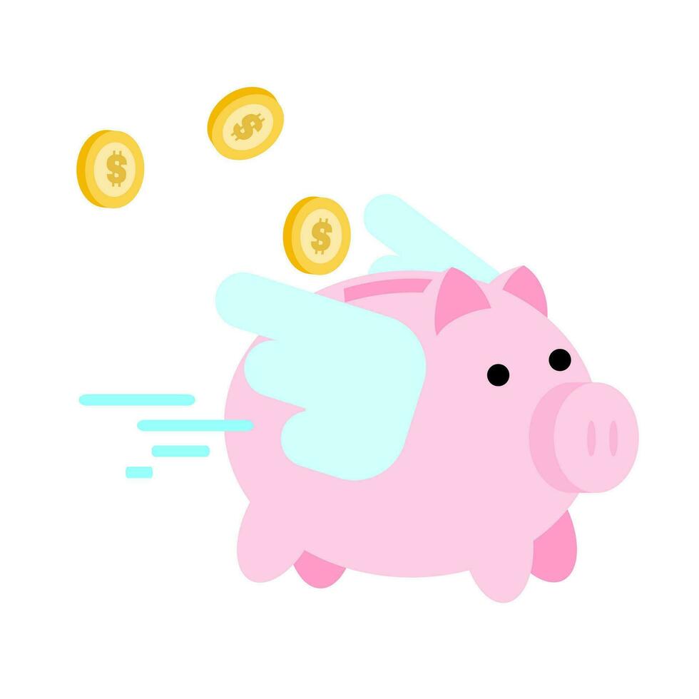 gold coin and fly pig bank economy management cartoon doodle flat design style vector illustration