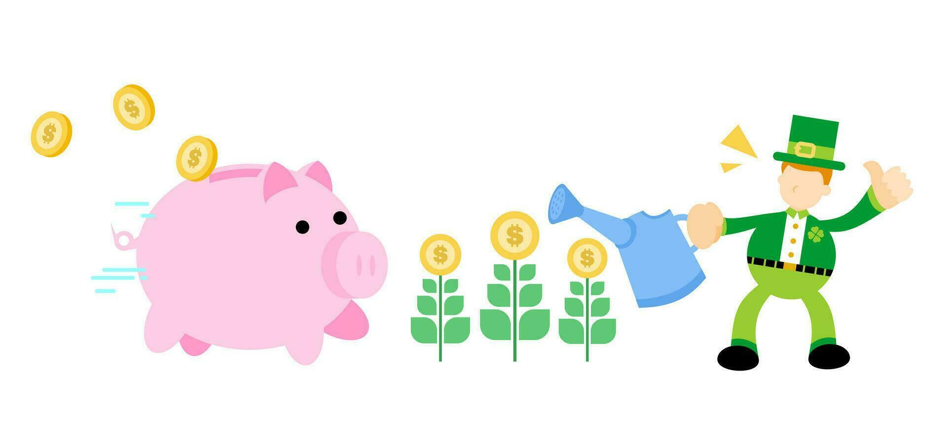 happy Leprechaun and pig bank money dollar garden farm economy finance cartoon doodle flat design style vector illustration