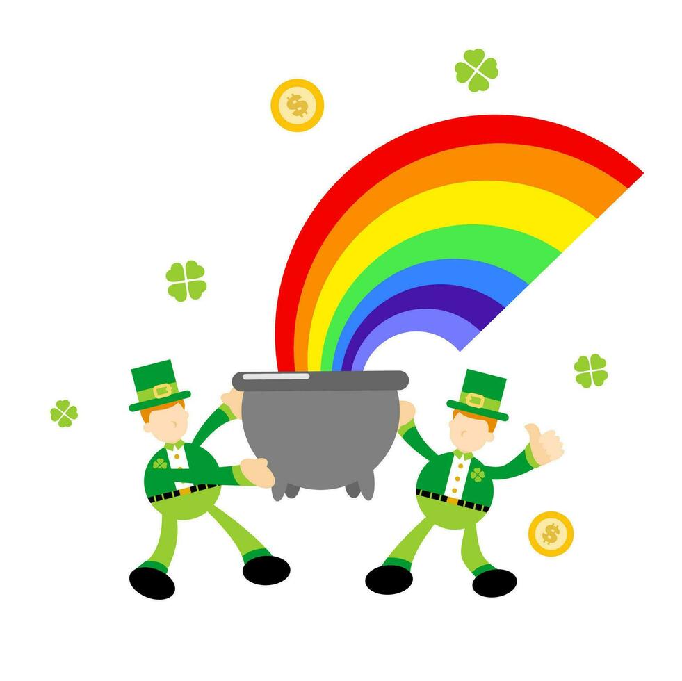 leprechaun shamrock celtic and cauldron with money and rainbow cartoon doodle flat design style vector illustration