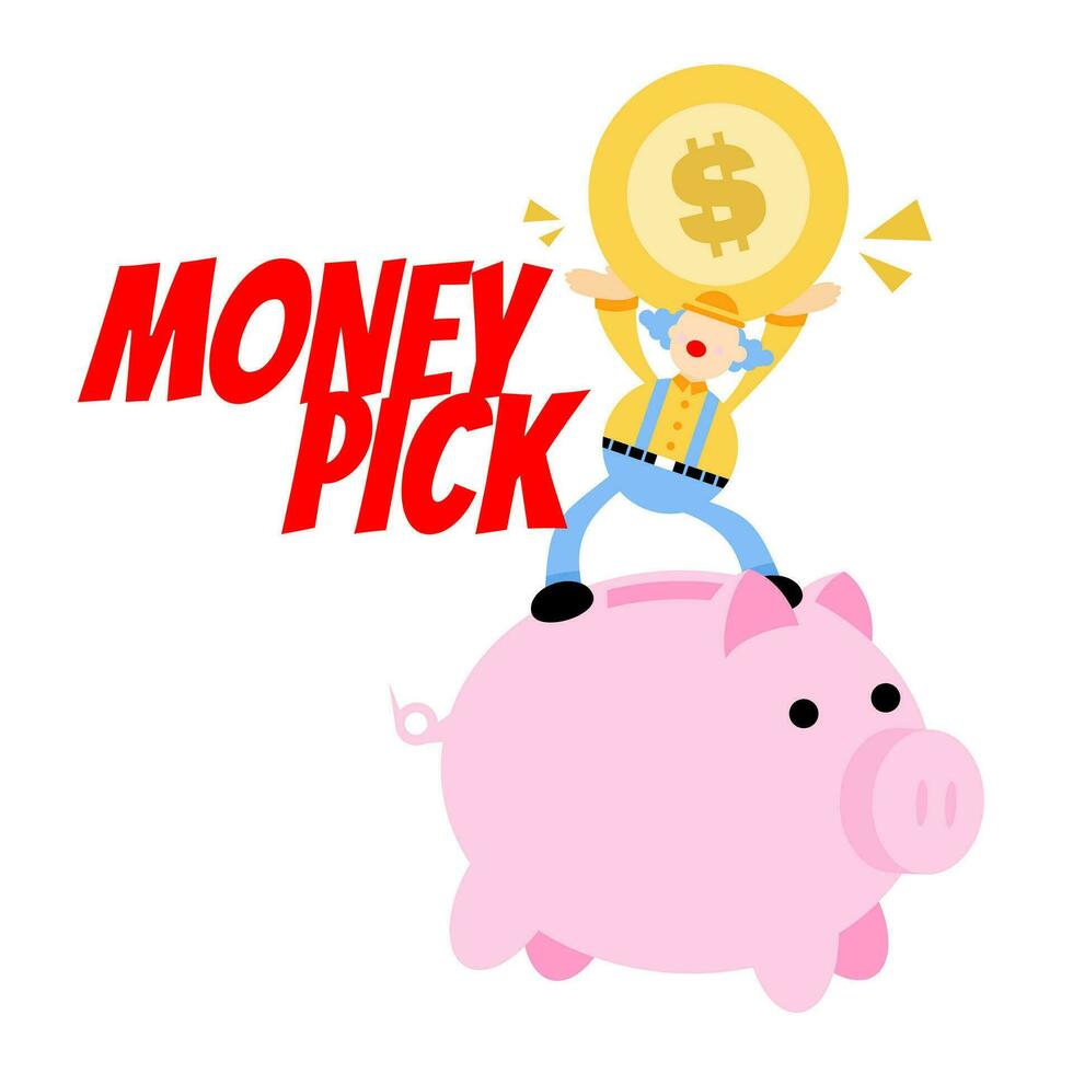 happy clown and pig bank money dollar economy finance cartoon doodle vector illustration flat design style