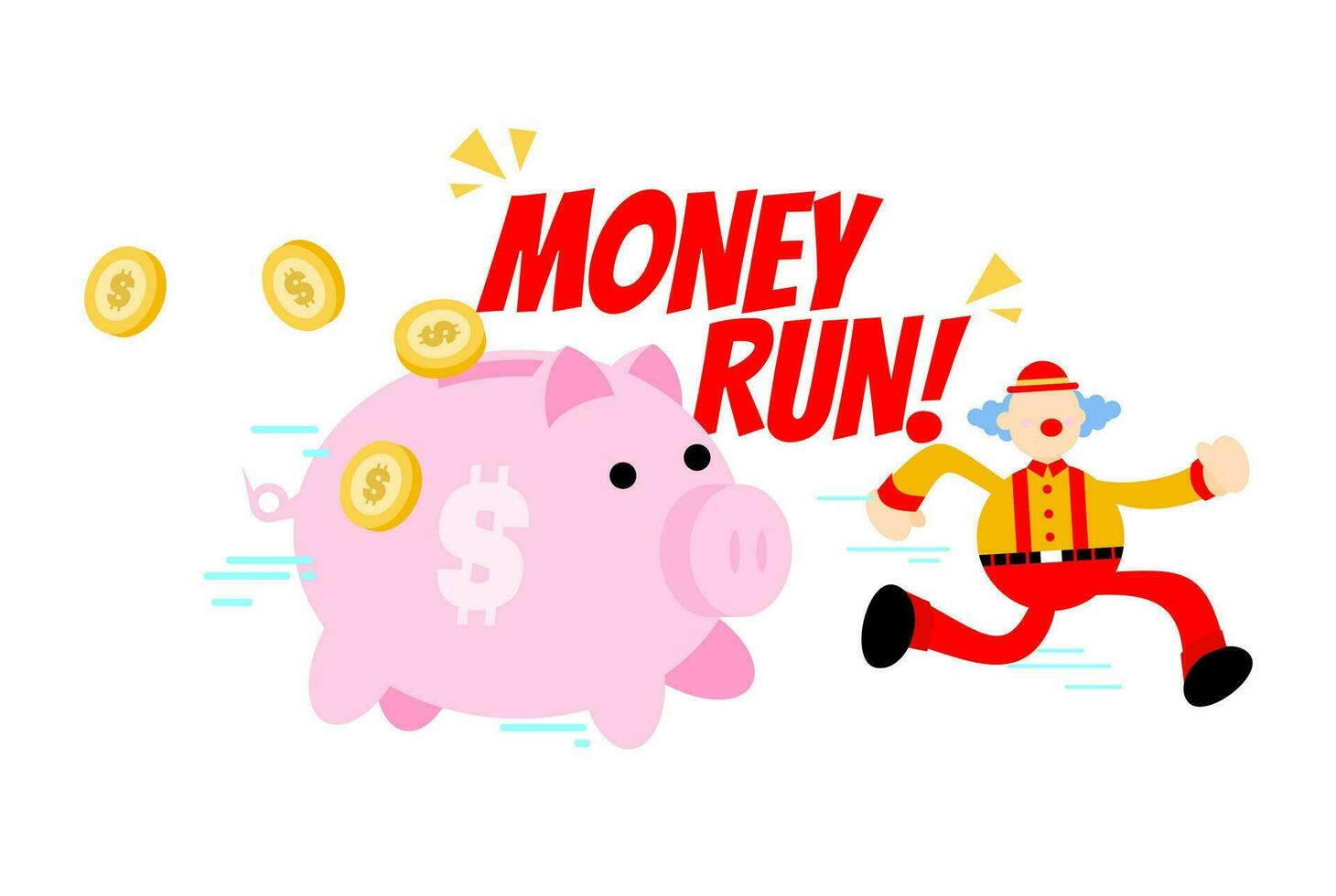 happy clown and pig bank money dollar economy finance cartoon doodle vector illustration flat design style