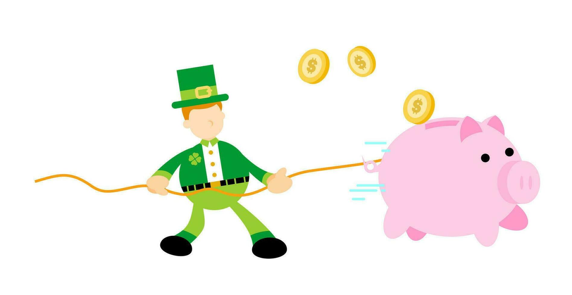 Happy Leprechaun and pig bank money dollar economy finance cartoon doodle flat design style vector illustration