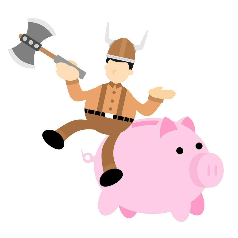 bárbaro vikingo y cerdo banco dinero dibujos animados garabatear plano diseño estilo vector ilustración