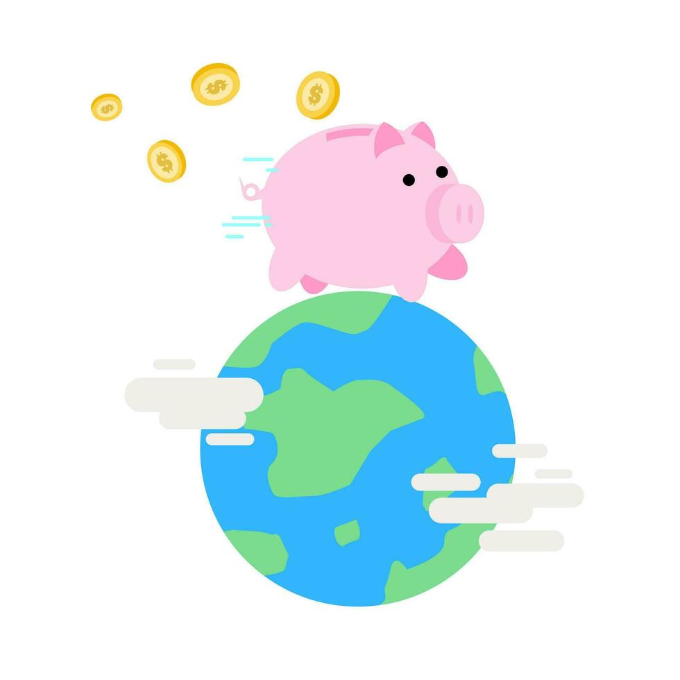 pink pig piggy bank run around world cartoon doodle flat design style vector illustration