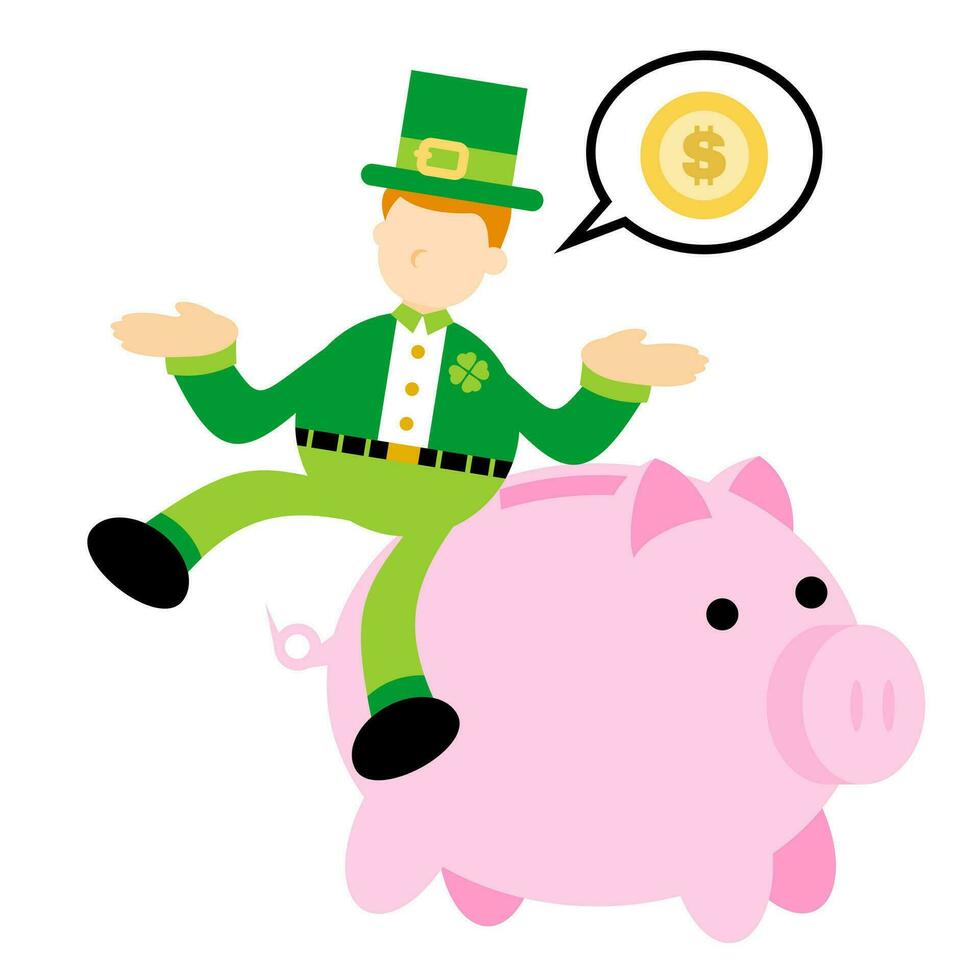 happy Leprechaun and pig bank money dollar economy finance cartoon doodle flat design style vector illustration