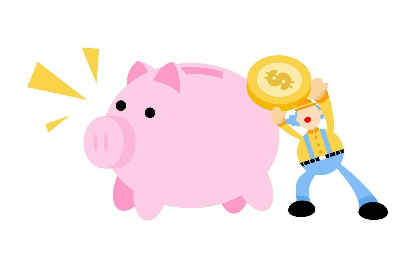 happy clown and pig bank money dollar economy finance cartoon doodle vector illustration flat design style