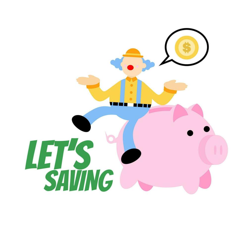 happy clown and pig bank money dollar economy finance cartoon doodle vector illustration flat design style