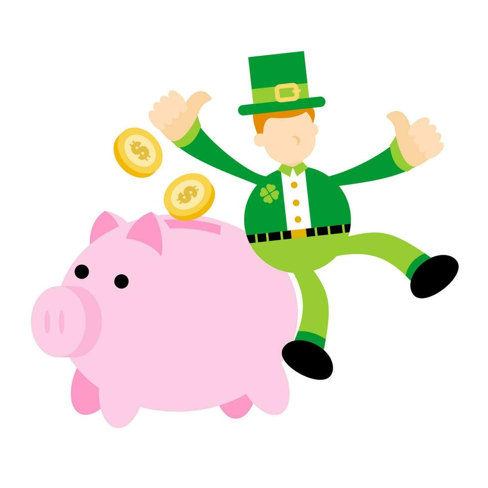 happy Leprechaun and pig bank money dollar economy finance cartoon doodle flat design style vector illustration