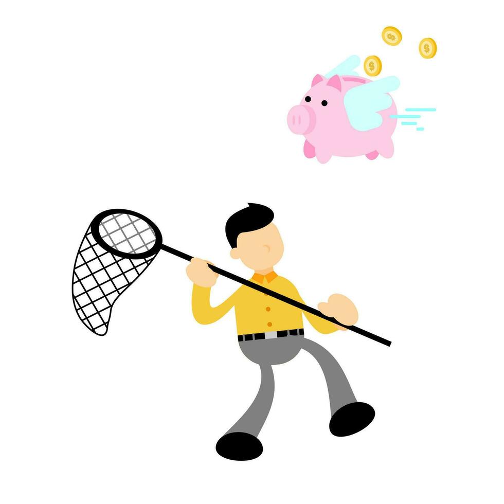 businessman worker catch pig bank money economy cartoon doodle flat design style vector illustration