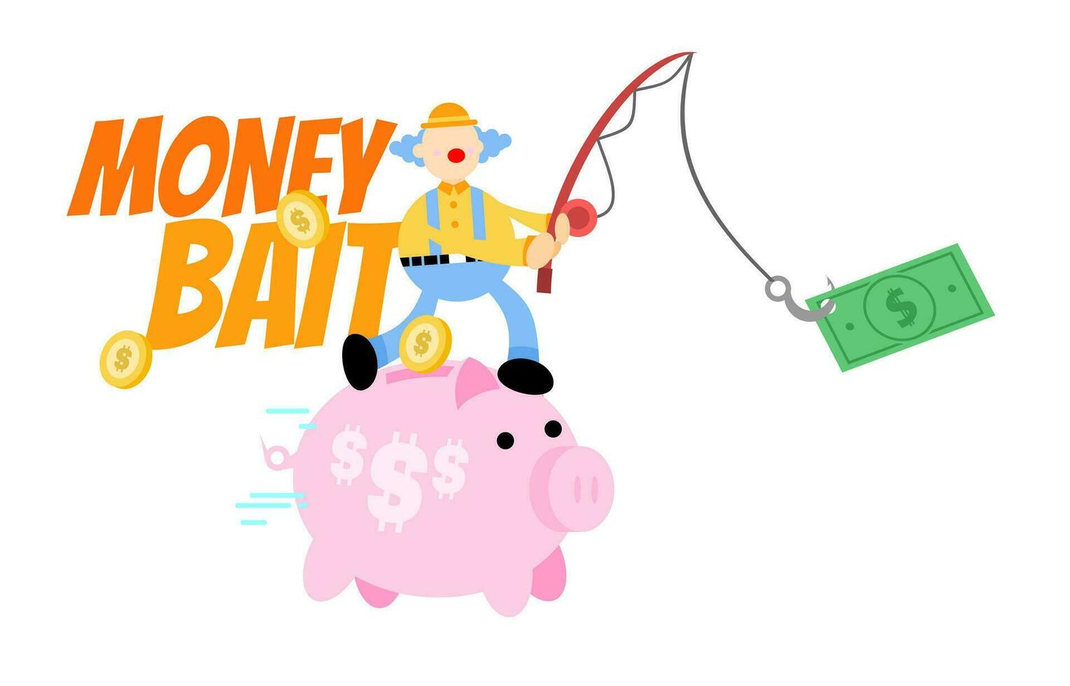 happy colorful clown catch hook dollar money pig bank economy cartoon doodle vector illustration flat design style