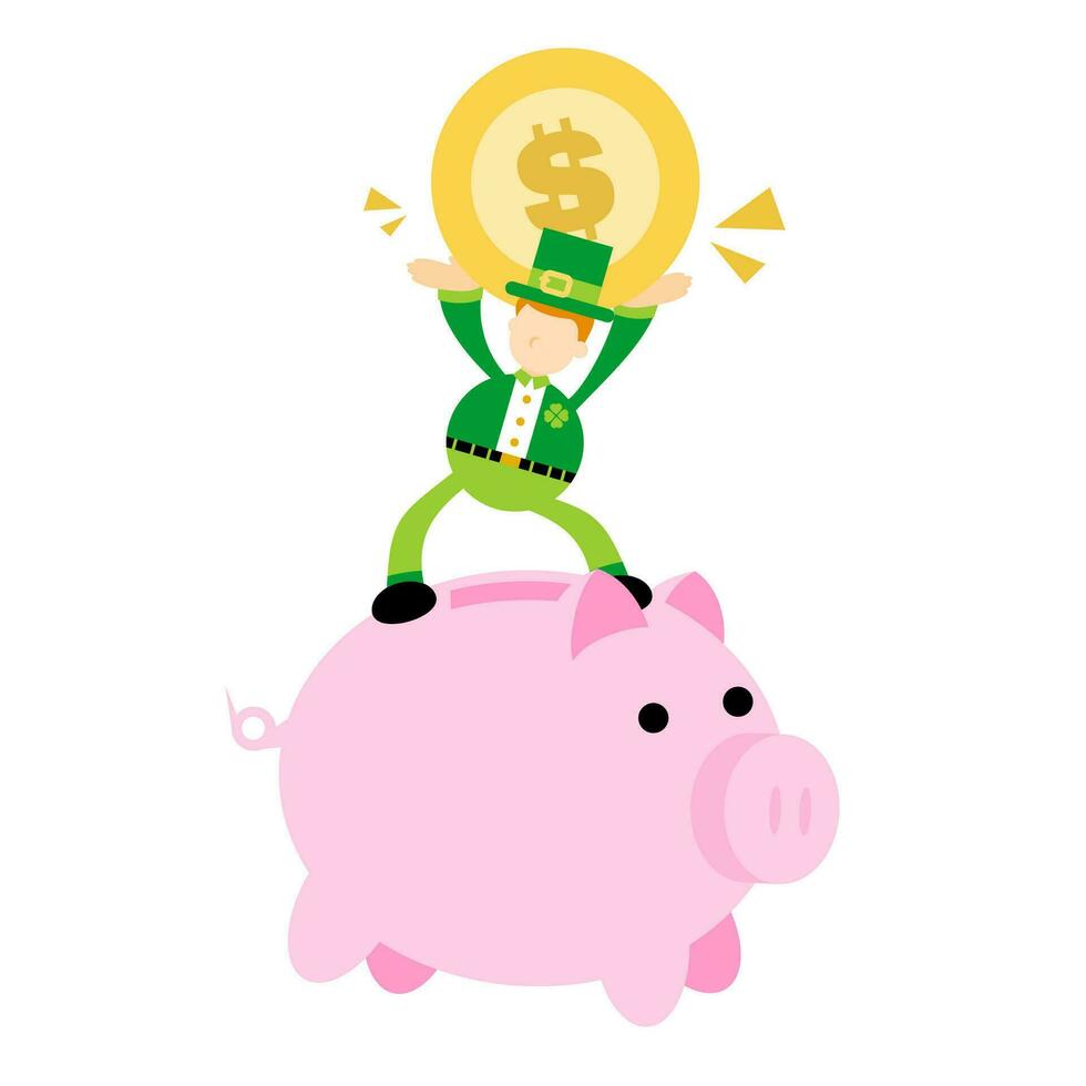 happy Leprechaun and pig bank money dollar economy finance cartoon doodle flat design style vector illustration