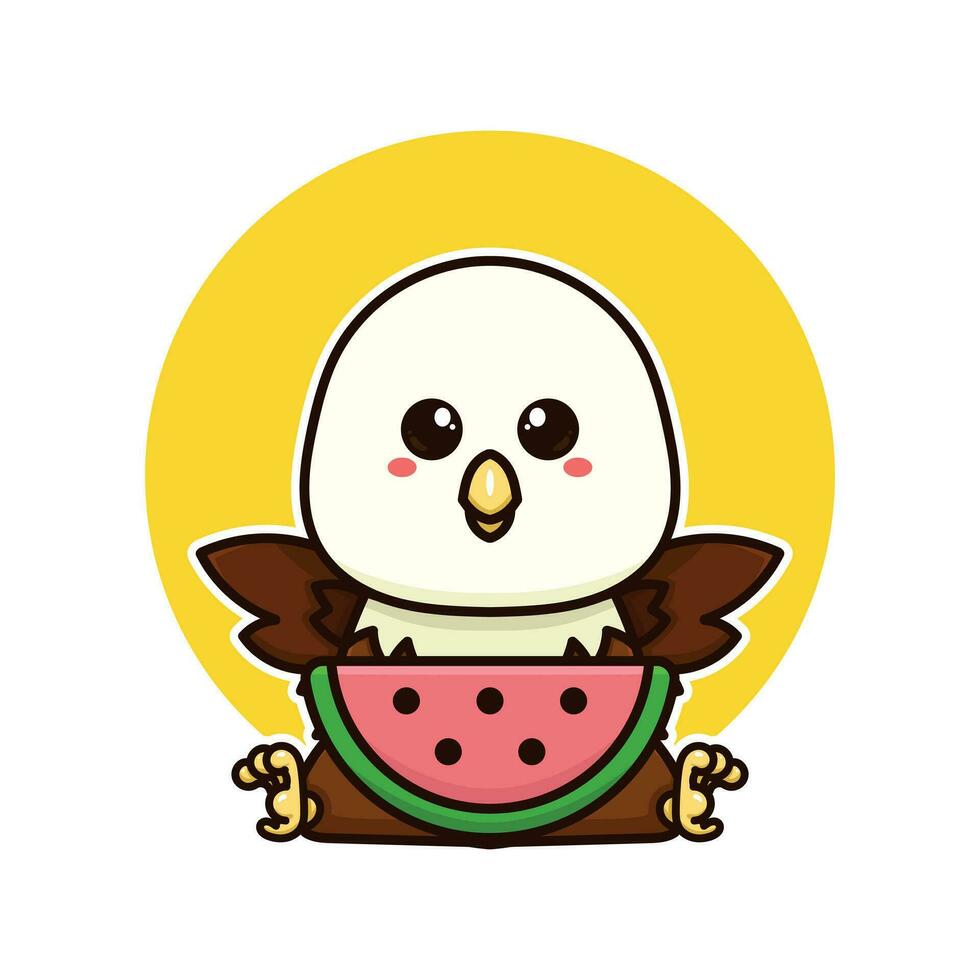 contento calvo águila pájaro comer sandía Fruta adorable dibujos animados garabatear vector ilustración plano diseño estilo