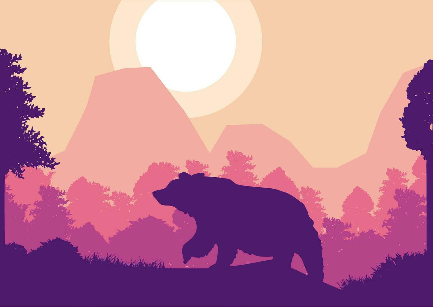 oso animal silueta bosque montaña paisaje plano diseño vector ilustración