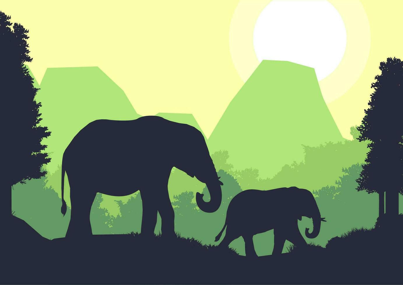 elefante animal silueta bosque montaña paisaje plano diseño vector ilustración