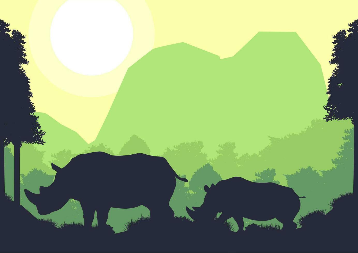 Rhinoceros animal silhouette forest mountain landscape flat design vector illustration