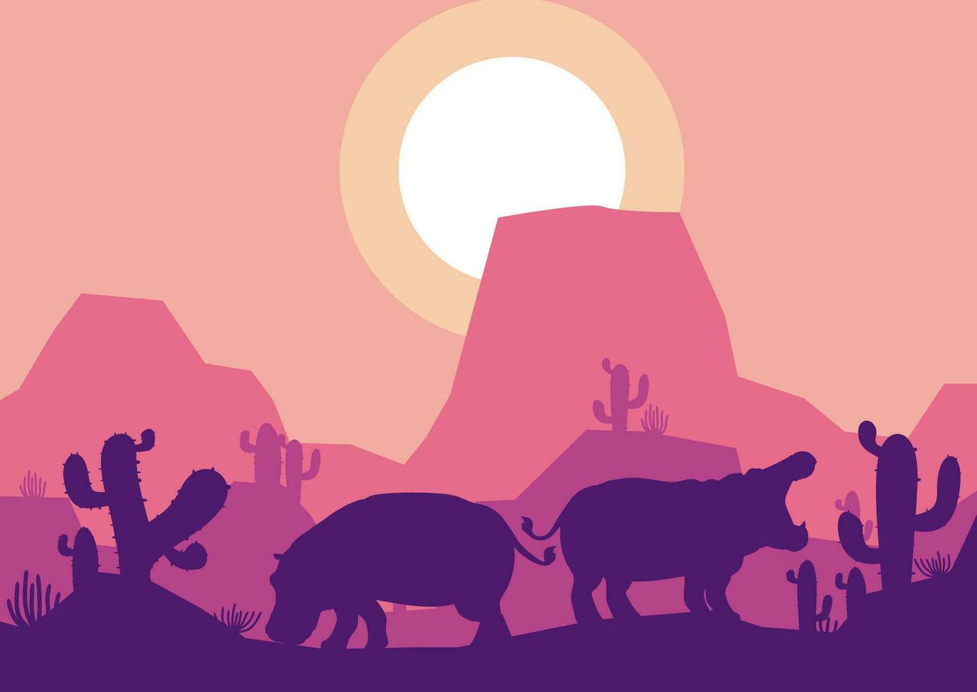 Hippopotamus animal silhouette desert savanna landscape flat design vector illustration