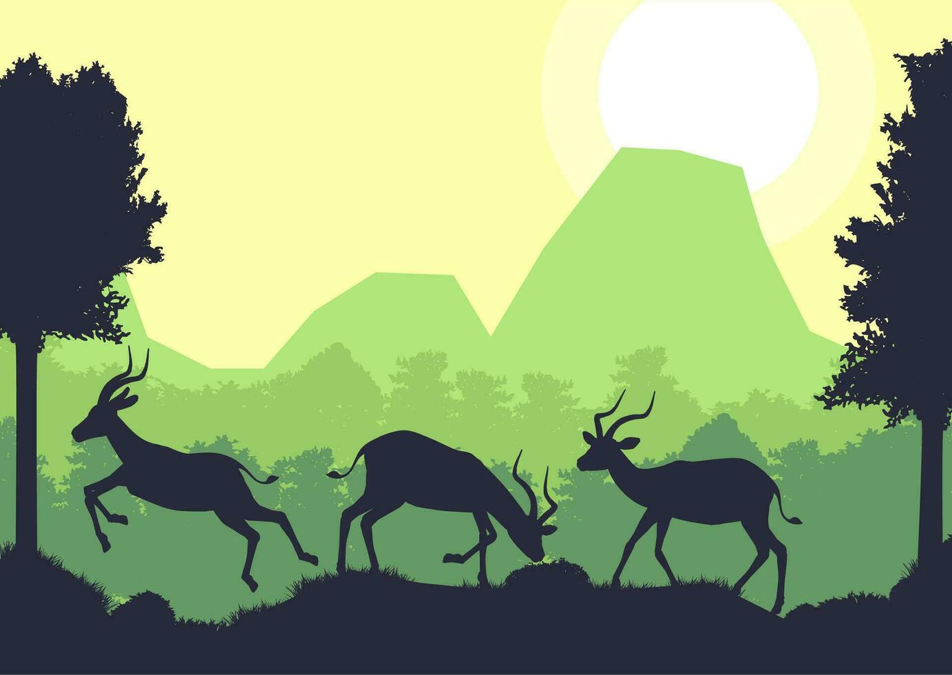 antílope impala ciervo animal silueta bosque montaña paisaje plano diseño vector ilustración