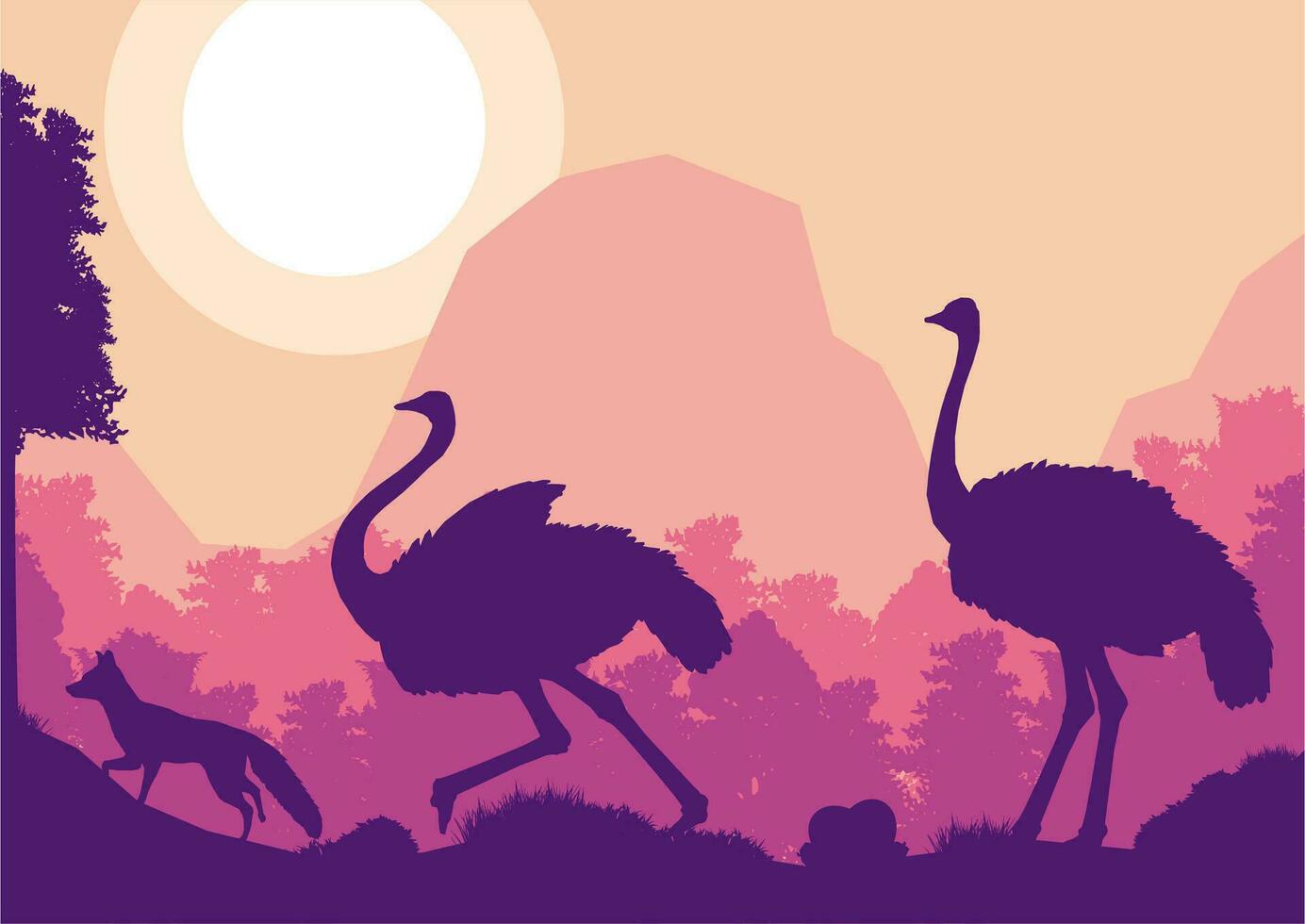 ostrich fox animal silhouette forest mountain landscape flat design vector illustration