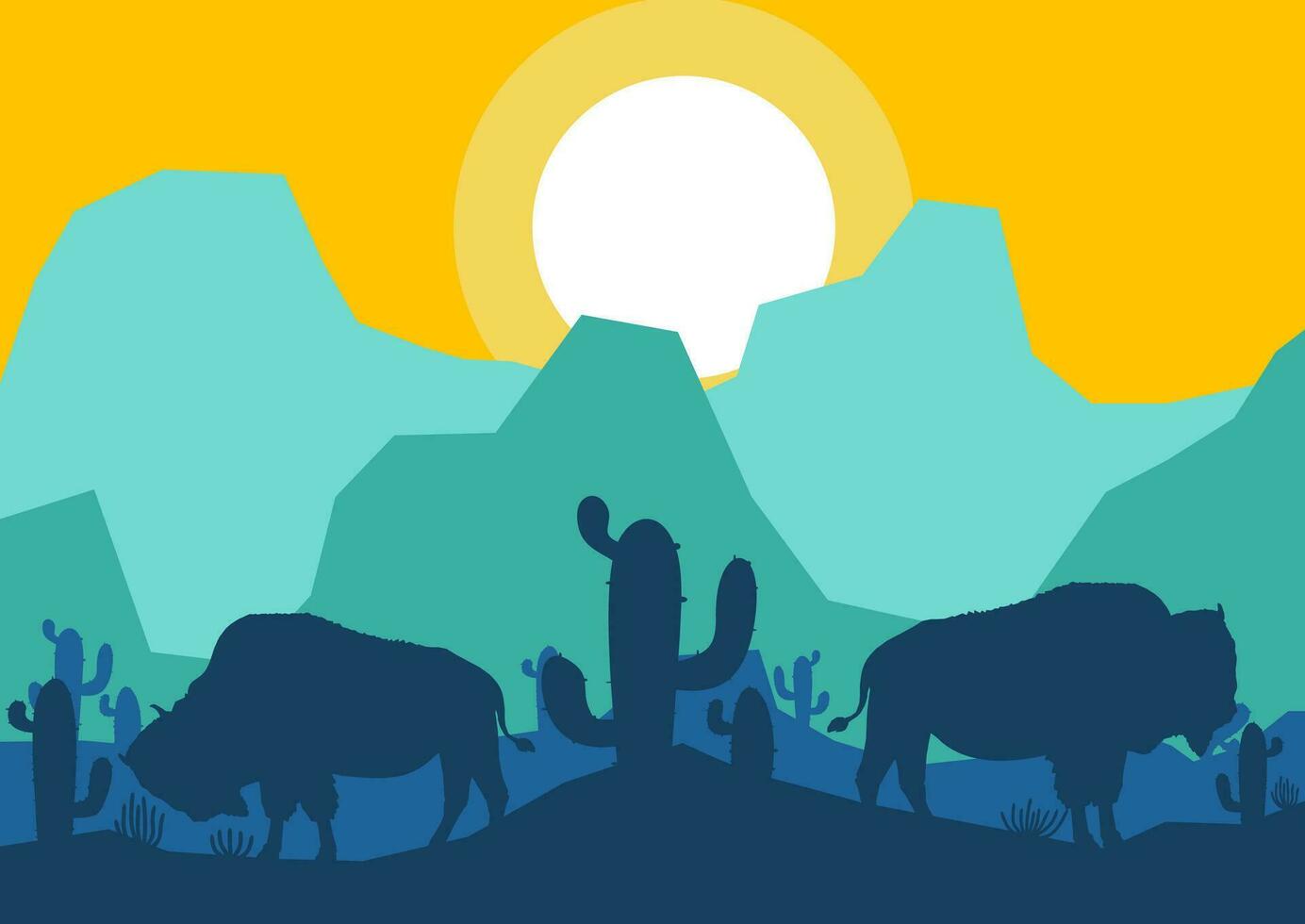 bison animal silhouette desert savanna landscape flat design vector illustration