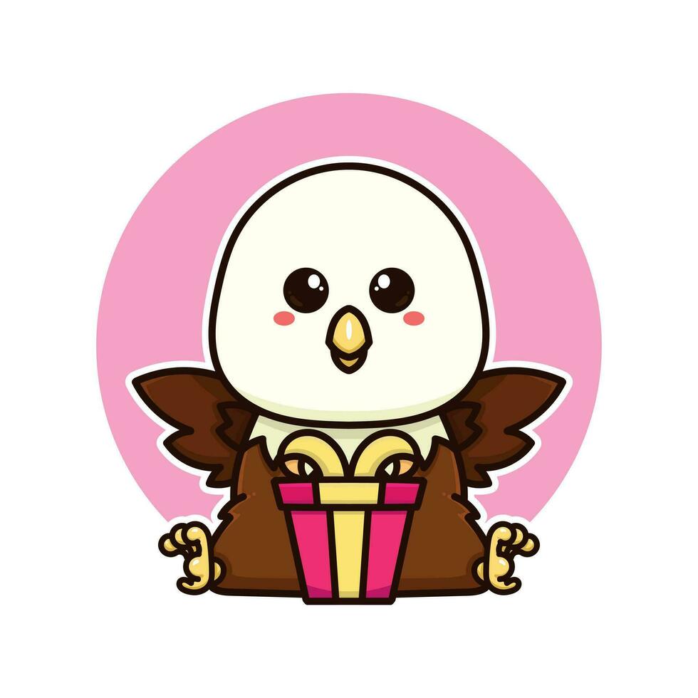 happy bald eagle and gift box adorable cartoon doodle vector illustration flat design style