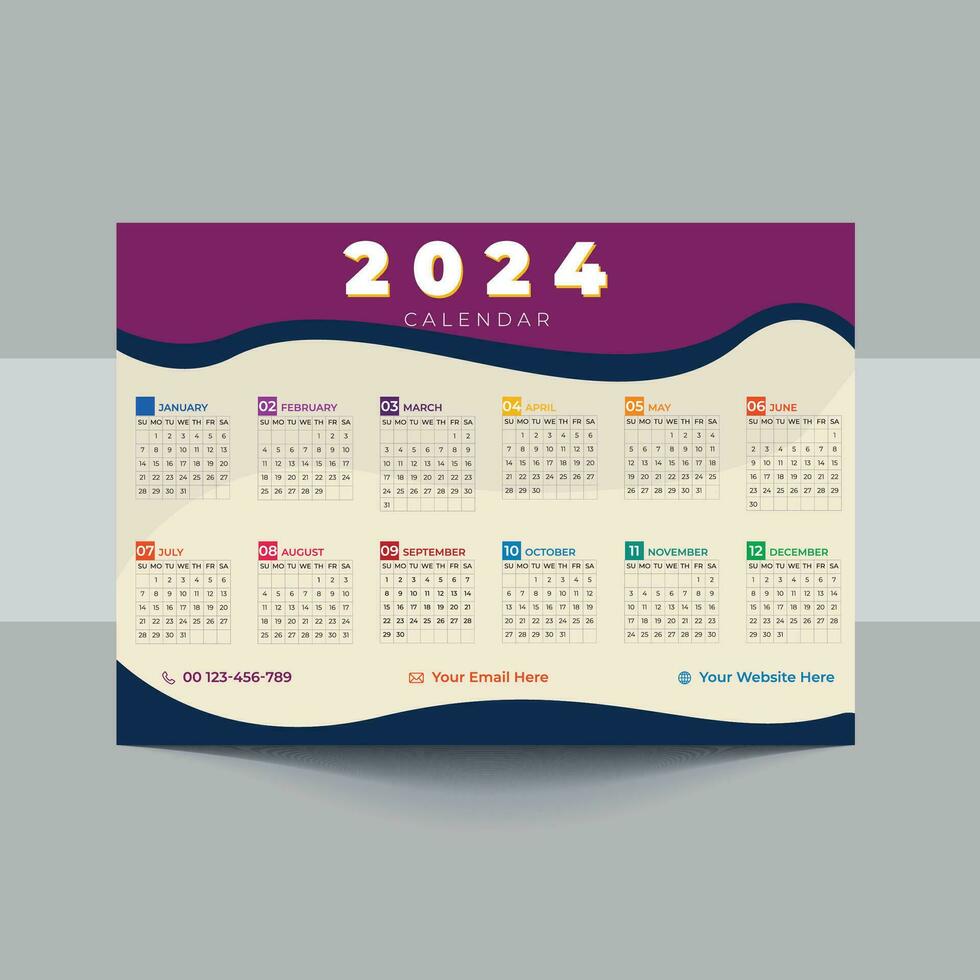 2024 Calendar template design. Week starts on Sunday office calendar. Desktop planner in simple clean style. Corporate or business calendar. English vector calendar layout.