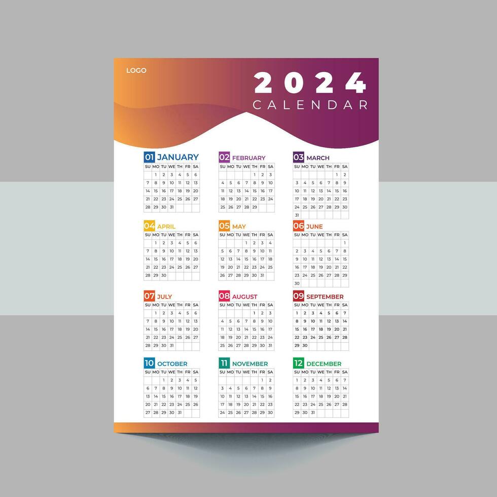 2024 Calendar template design. Week starts on Sunday office calendar. Desktop planner in simple clean style. Corporate or business calendar. English vector calendar layout.